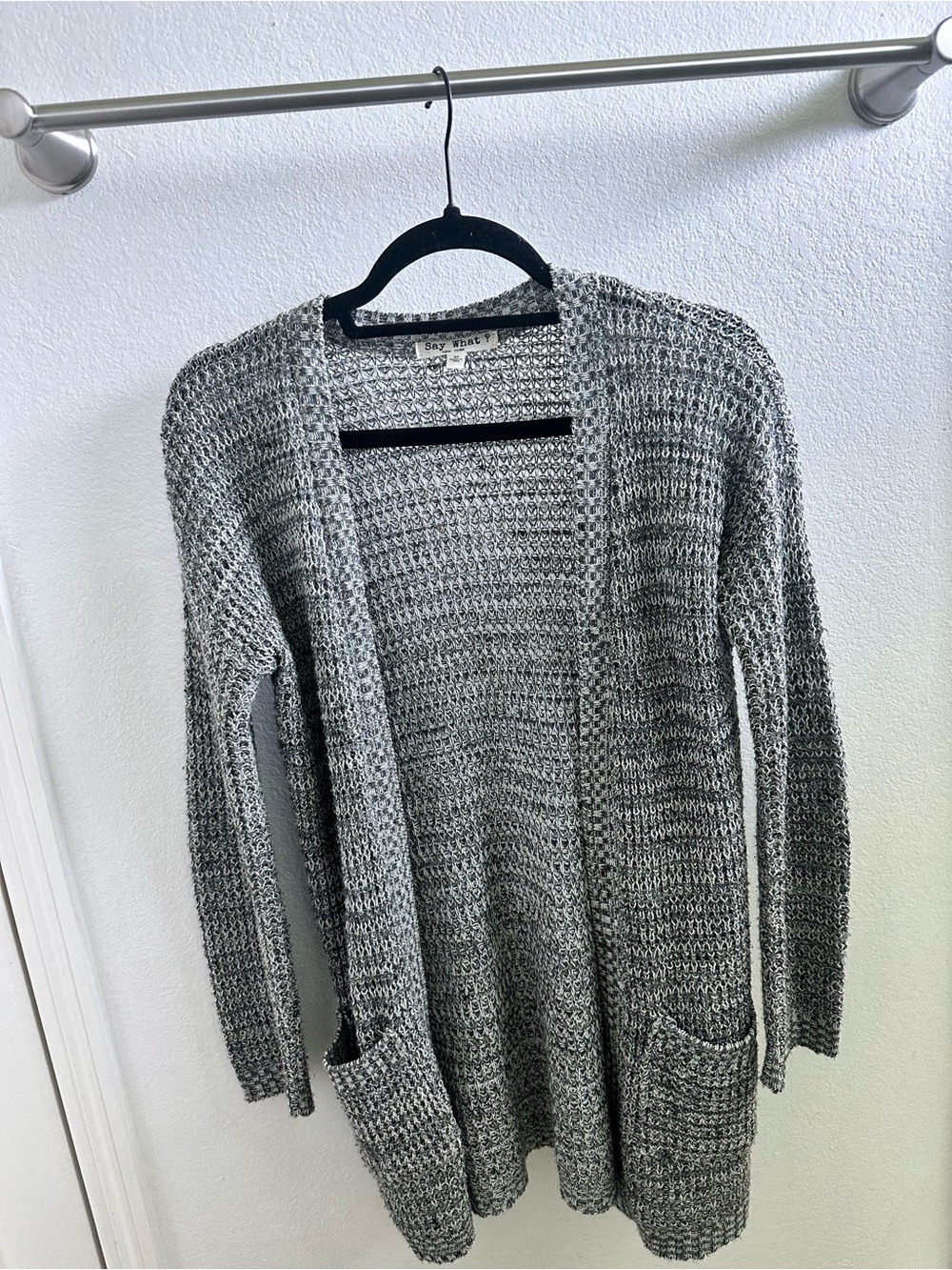 Say What? Gray Open-Front Knit Cardigan with Pockets
